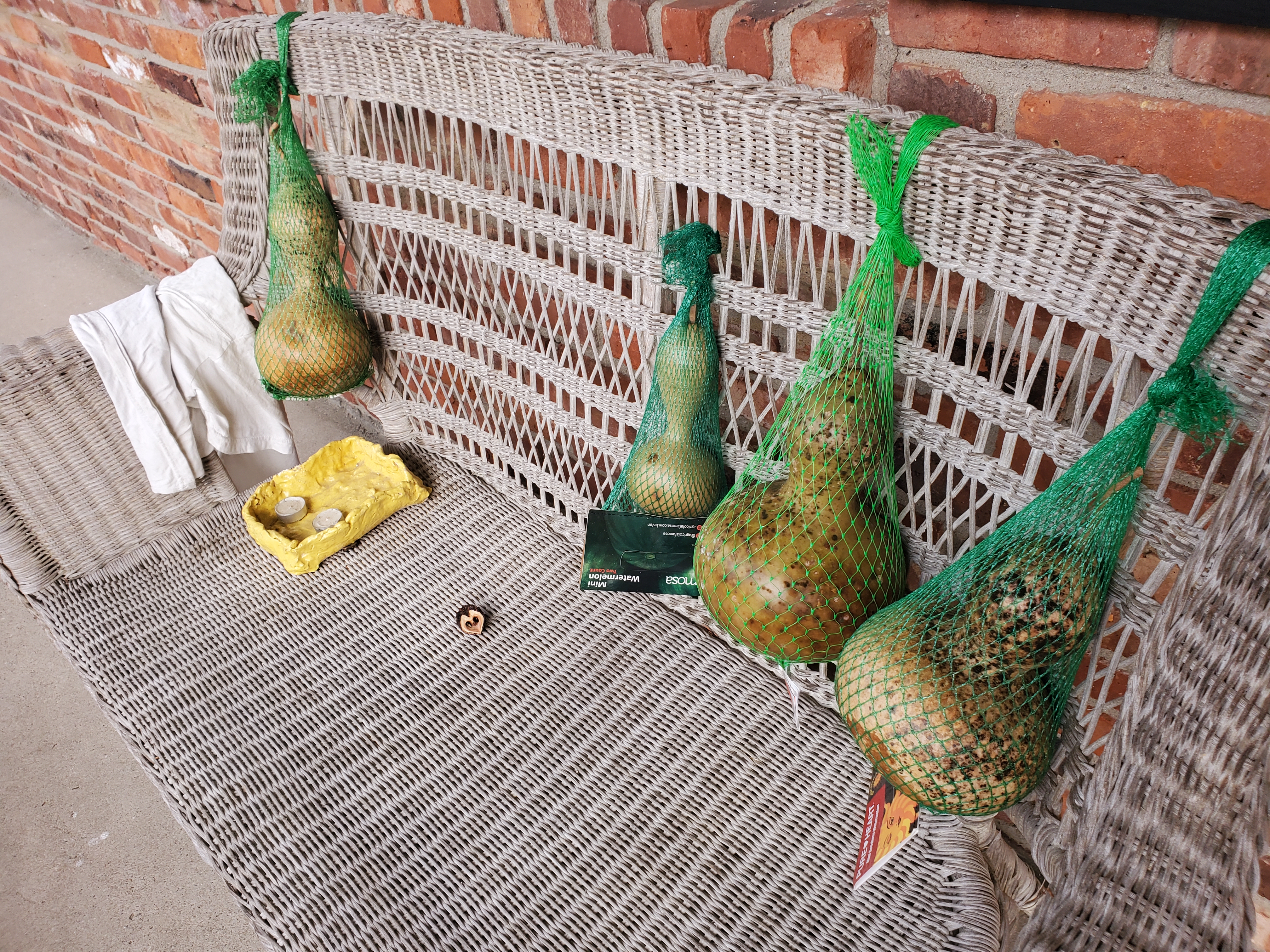 A row of gourds drying on the front porch