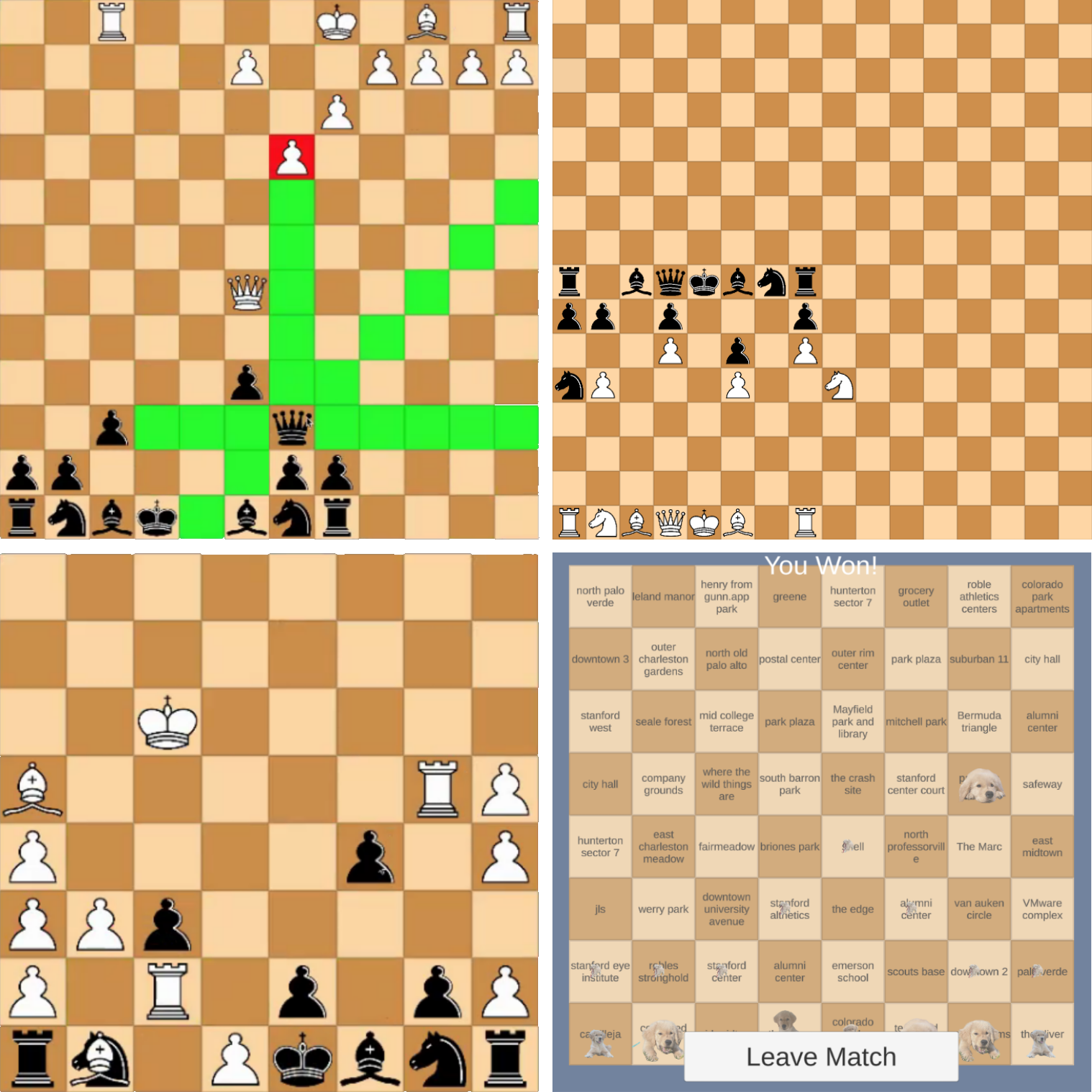 Four gameplay screenshots, each with different rules added