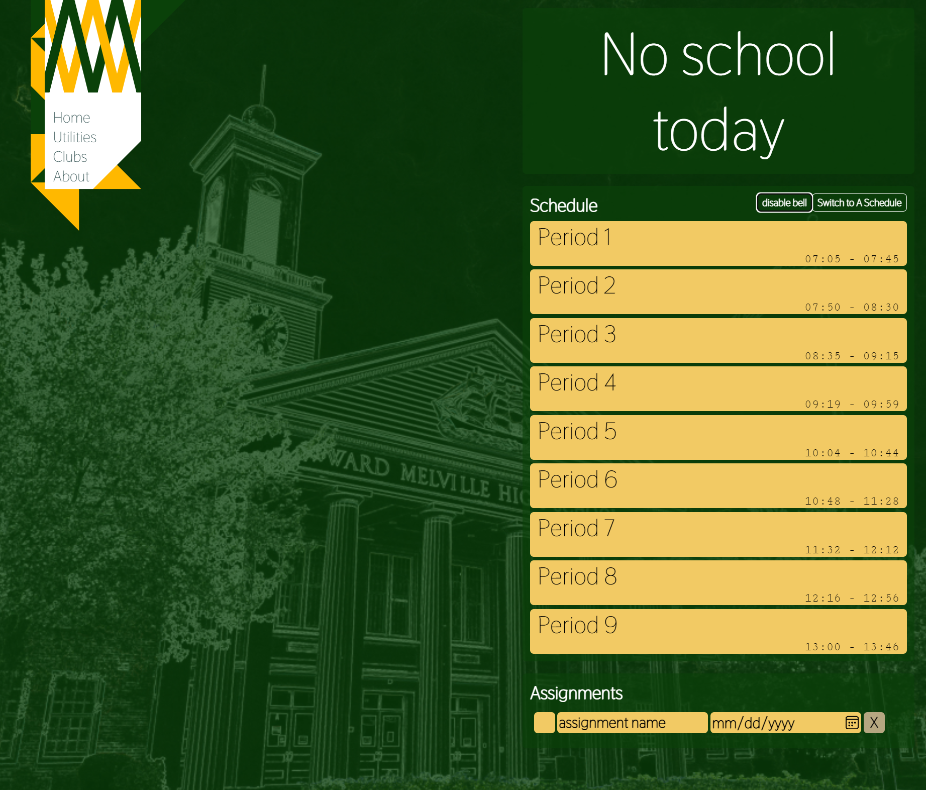 The main page of the app with the schedule and assignments