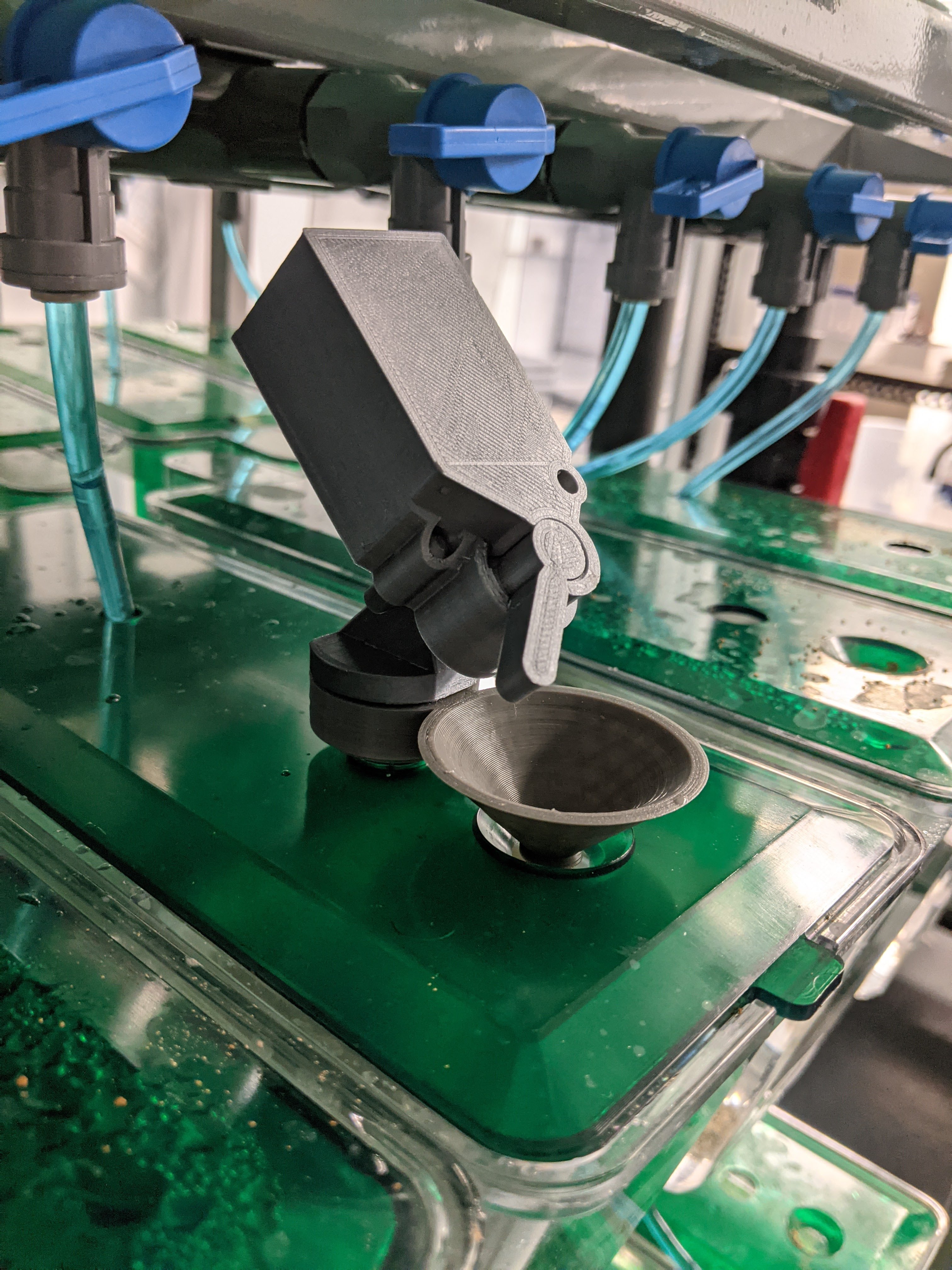  The feeder stores food in an upper hopper