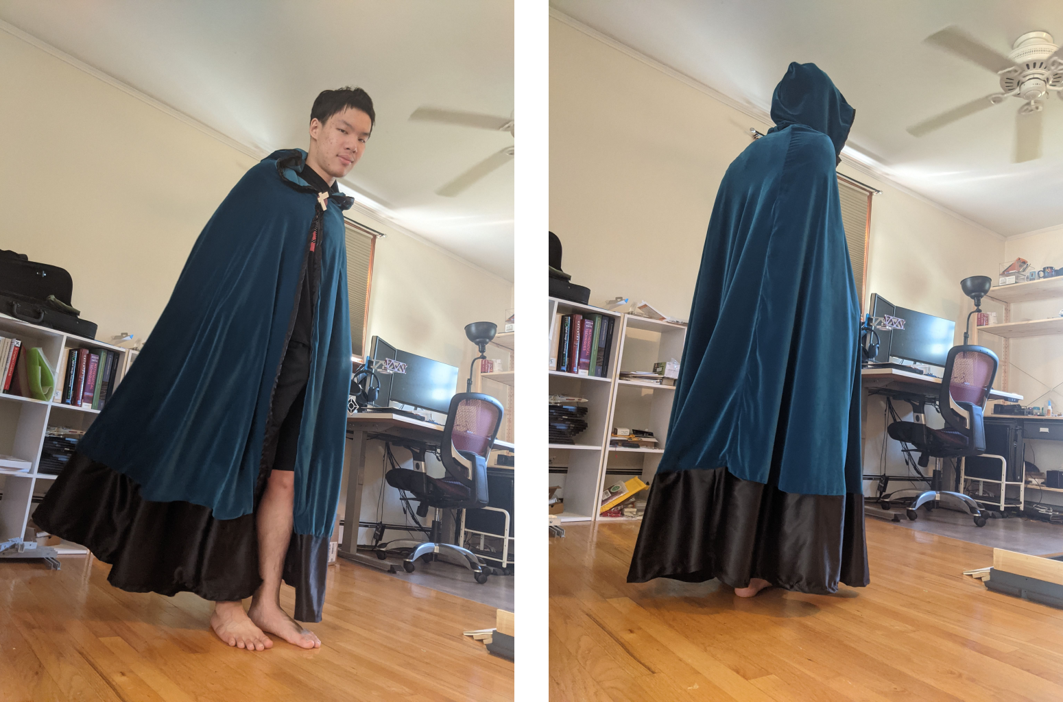 wearing the cloak with the hood down