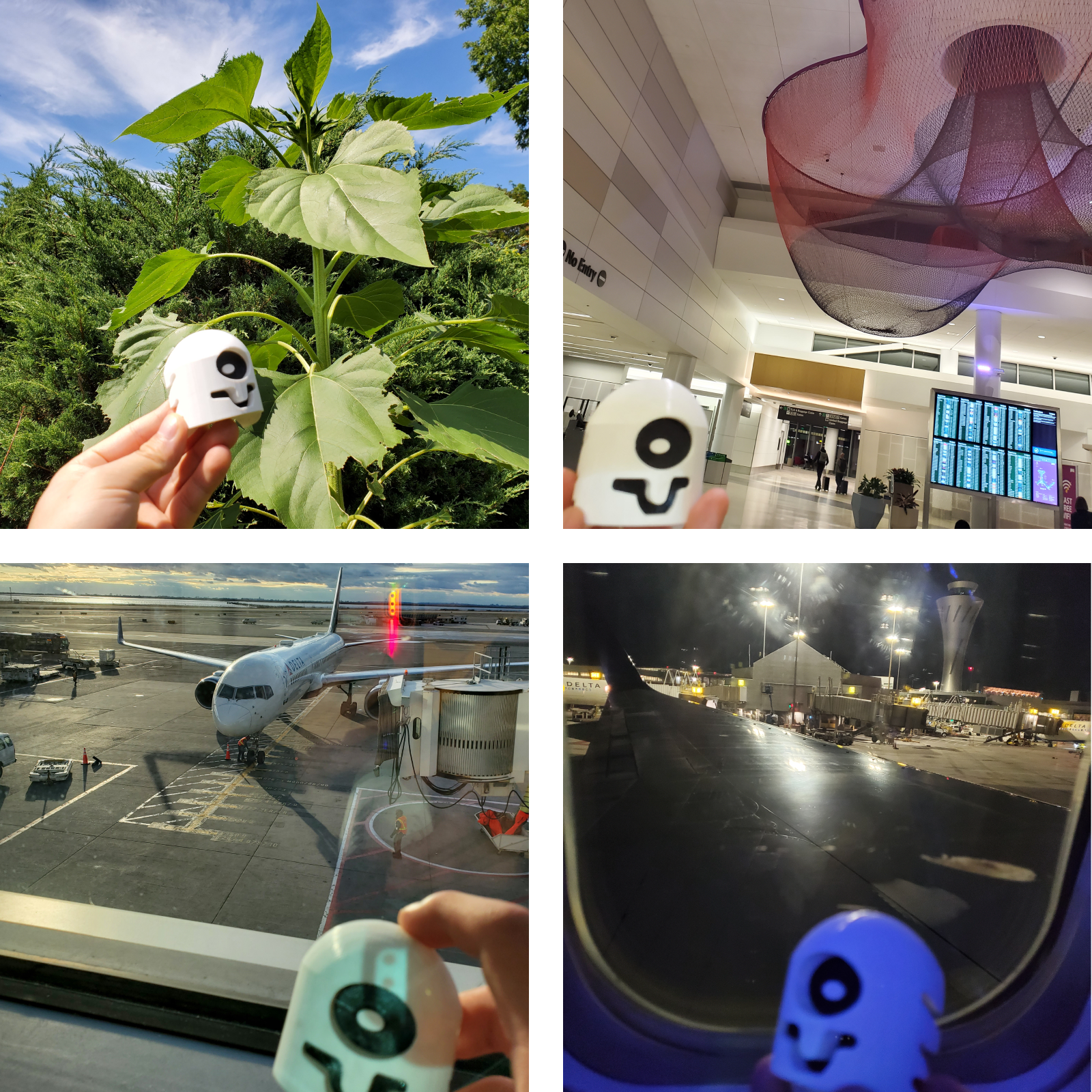 Places I have taken the gecko figure to. Top-left, backyard sunflower. Top-right, SFO before GunnHacks. Bottom-left, departing from JFK. Bottom-right, arriving at SFO.